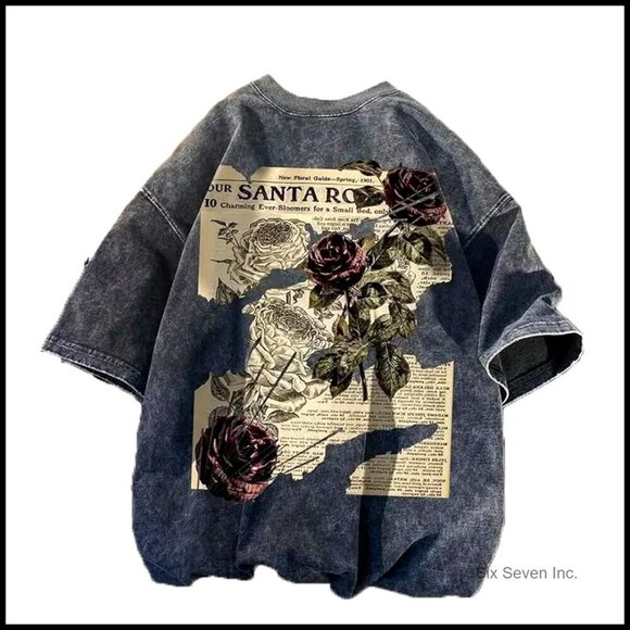 Tops - Oversized Graphic Tee Y2K Grunge Streetwear Unisex Short Sleeve Rose Print